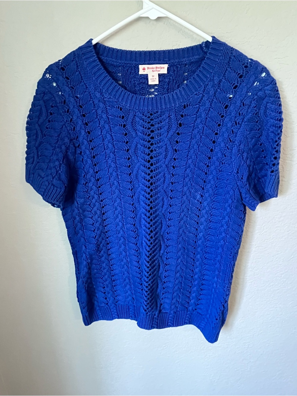 Brooks Brothers Red Fleece M Blue Cable Knit Pointelle Short Sleeve Sweater